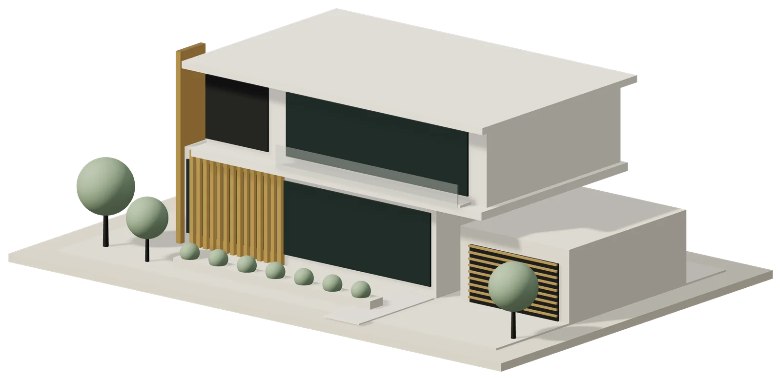 Maqueta arquitectónica en 3D con acabados dorados