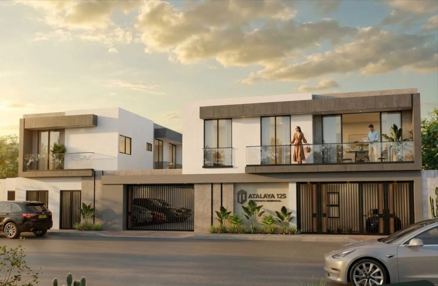 Fachada de las casas de ATALAYA 125 al atardecer